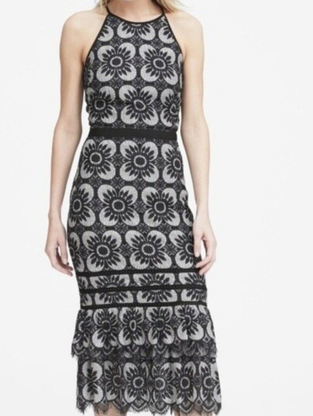 Banana Republic Black and White Floral Lace Halter Maxi Dress